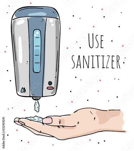 Illustration of a hand uses a sanitizer. Call for the use of a disinfecting gel.