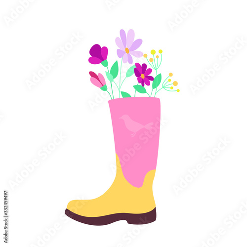 Pink rubber boot with flowers isolated on white background. © Christina