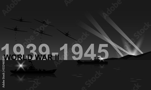 World War II 1939-1945 black and white vector illustration. Night battlefield scene monochrome icon.