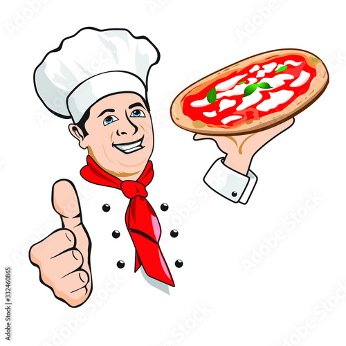 isolated cook with happy expression, pizza and  red scarf and white hat. hand with thumb making like