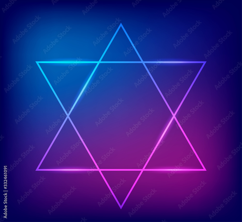 Fototapeta premium Neon sign. Star of David glowing light banner with blank space. Electric rectangle frame on dark blue background. Neon right-angled background with flares and sparkles. Vintage vector illustration