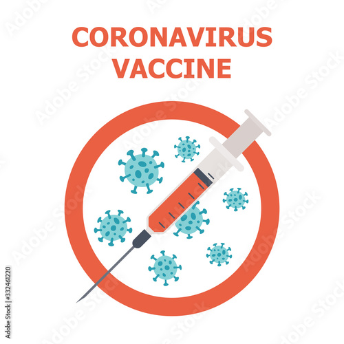 Corona virus COVID-19 medical vaccine. Anti Coronavirus injection. Syringe with antiviral vaccine. Vector illustration on white background