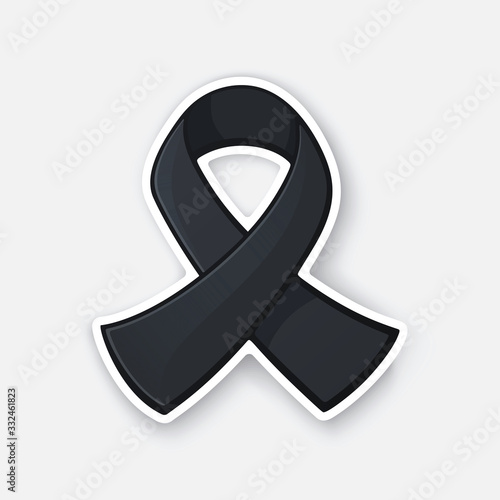 Vector illustration. Black color ribbon, international symbol of melanoma and skin cancer awareness. Sticker with contour. Isolated on white background