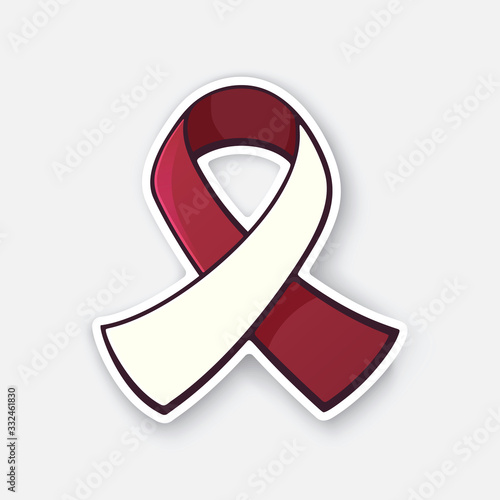 Vector illustration. Burgundy and ivory color ribbon, international symbol of head and neck cancer awareness. Sticker with contour. Isolated on white background