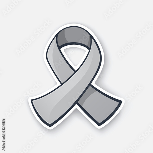 Vector illustration. Grey color ribbon, international symbol of brain tumor awareness. Sticker with contour. Isolated on white background