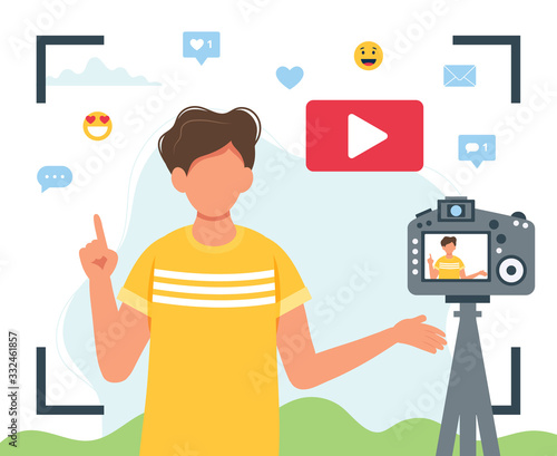 Video blogger recording video with camera. Different social media icons. Cute vector illustration in flat style