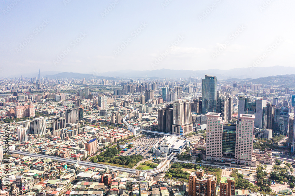 This is a view of the Banqiao district in New Taipei where many new buildings can be seen, the building in the center is Banqiao station, Skyline of New taipei city