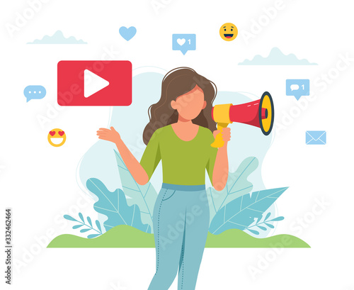 Female video blogger making announcement with megaphone. Cute vector illustration in flat style