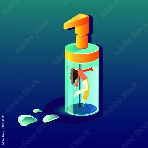 Stay home awareness social media campaign and coronavirus prevention. Woman floating in sanitiser dispenser. Disinfection vector illustration. .Self quarantine.Stop corona virus from spreading. 