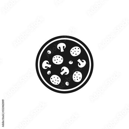 Round pizza with mushrooms, salami and olives black isolated glyph icon.