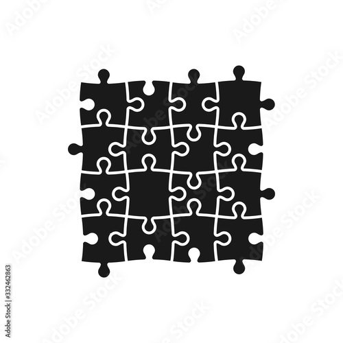 Puzzle, jigsaw tiling four puzzle pieces simple black glyph vector icon in green.