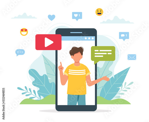 Male video blogger on smartphone screen. Cute vector illustration in flat style