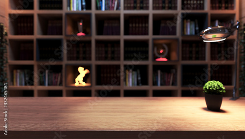 Wooden desk, plant and table lamp front of bookshelf from library