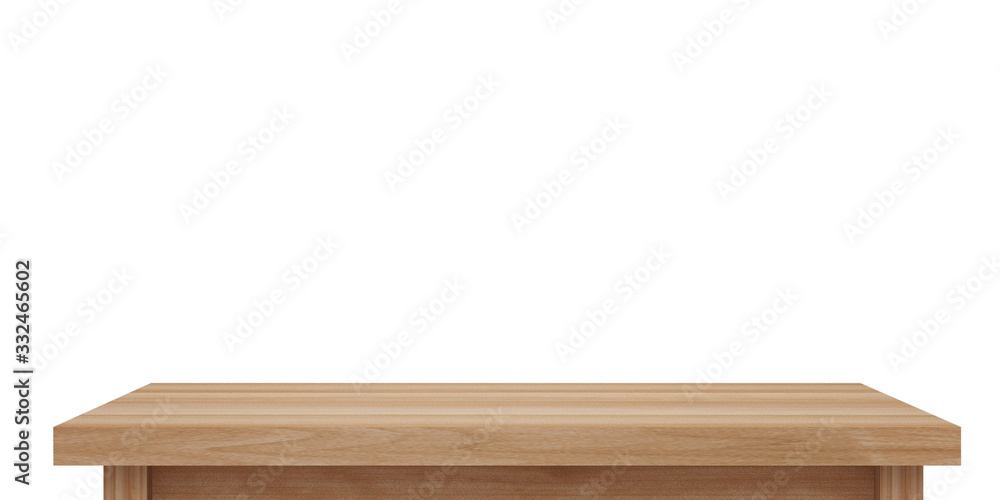 Empty light wooden table top isolated on white background with clipping path, of free space for your copy and branding. Use as products display montage. Vintage style concept present, 3d illustration Empty light wooden table top isolated on white background with clipping path, of free space for your copy and branding. Use as products display montage. Vintage style concept present, 3d illustration