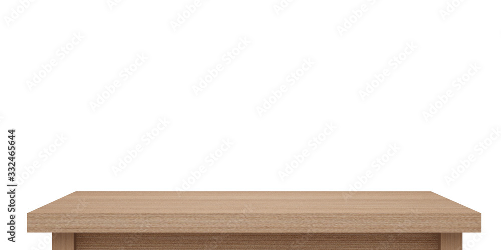 Empty light wooden table top isolated on white background with clipping path, of free space for your copy and branding. Use as products display montage. Vintage style concept present, 3d illustration Empty light wooden table top isolated on white background with clipping path, of free space for your copy and branding. Use as products display montage. Vintage style concept present, 3d illustration