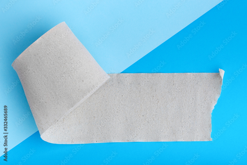 Creative flat lay overhead composition with roll of ecological toilet paper on a vibrant blue duotone background. Made with natural material. Top view. Free copy space for text. Creative flat lay overhead composition with roll of ecological toilet paper on a vibrant blue duotone background. Made with natural material. Top view. Free copy space for text.