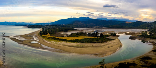 Amazing HDR Panorama with mountains and river estuary in Golden Bay, New Zealand
