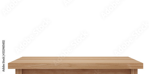 Empty light wooden table top isolated on white background with clipping path, of free space for your copy and branding. Use as products display montage. Vintage style concept  present, 3d illustration © Kakabe