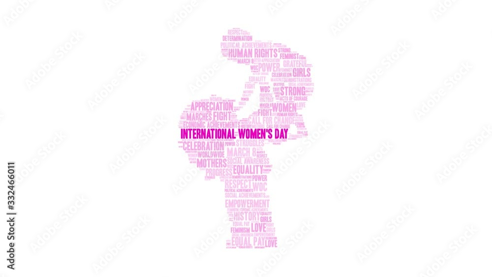International Women's Day animated word cloud on a white background. International Women's Day animated word cloud on a white background.