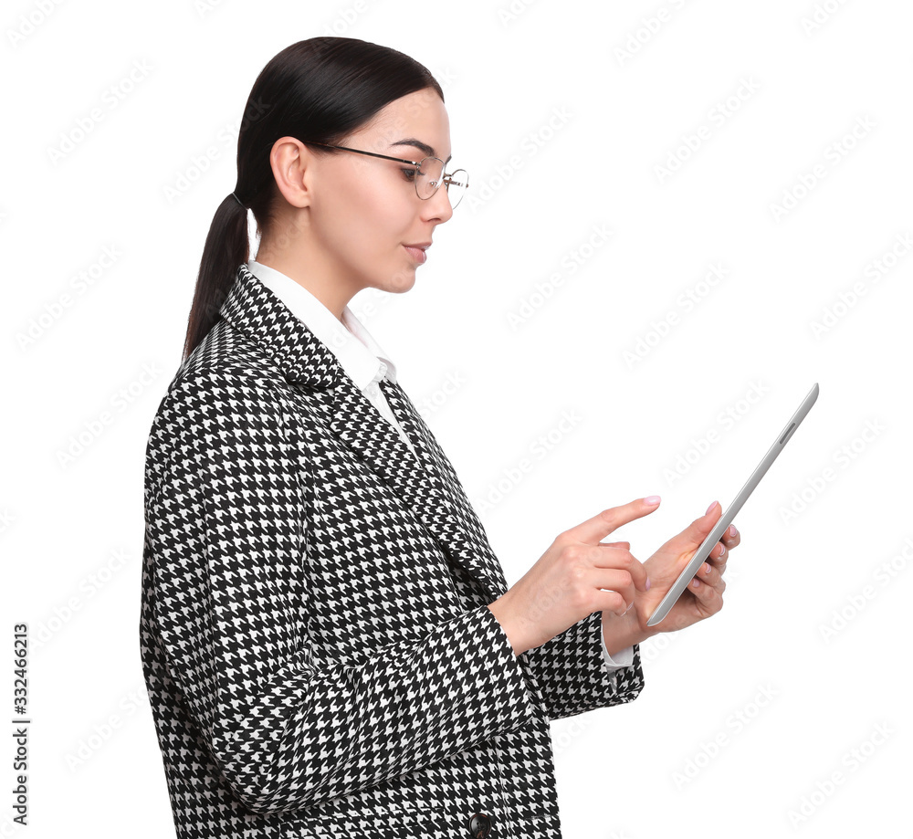 Young businesswoman with tablet on white background Young businesswoman with tablet on white background