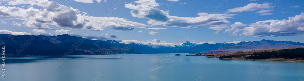 Panoramic view of mountain range and glacier lake