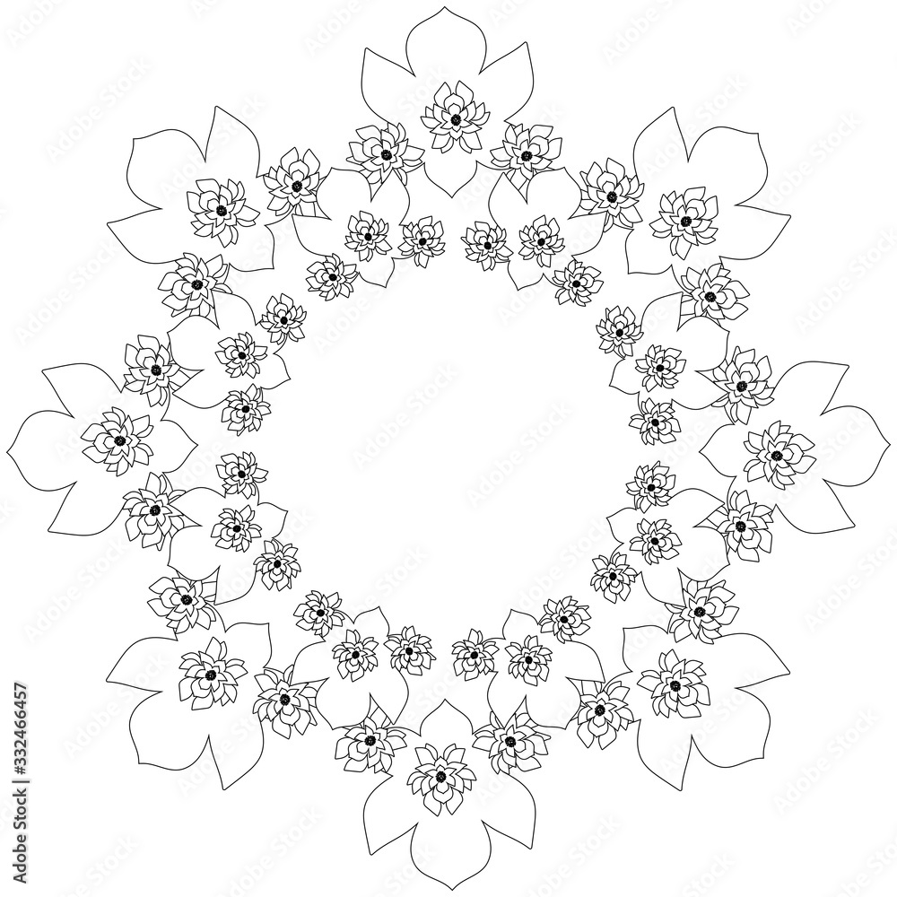 flower frame. black and white hand-drawn drawing. coloring pages for children and adults. print, embroidery, cover, clipart, postcard.