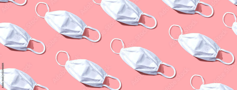 White surgical masks overhead view - flat lay - obrazy, fototapety, plakaty 