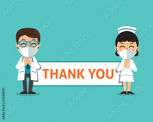 Cartoon male doctor and female nurse wearing protective masks with thank you sign for design.