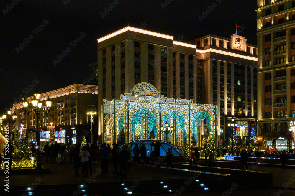 New Year and Christmas decoration of the Manege Square, Moscow, Russian Federation, January 10, 2020