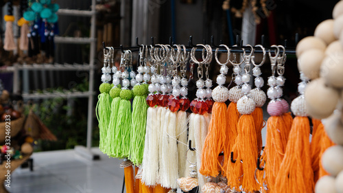 .A variety of Balinese souvenirs and crafts for tourist sales. Rattan  teak and woodwork in Bali