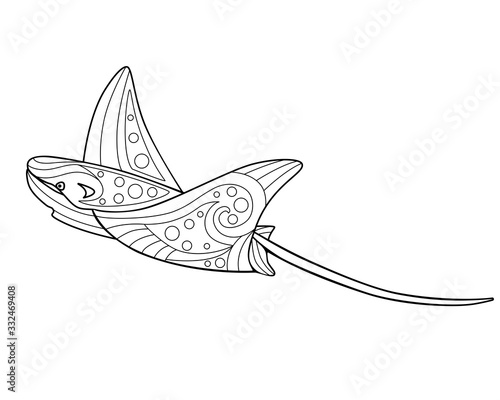 Electric stingray animal - coloring antistress - vector linear picture for coloring. Manta ray - marine animal with a pattern for coloring. Outline. Hand drawing.
