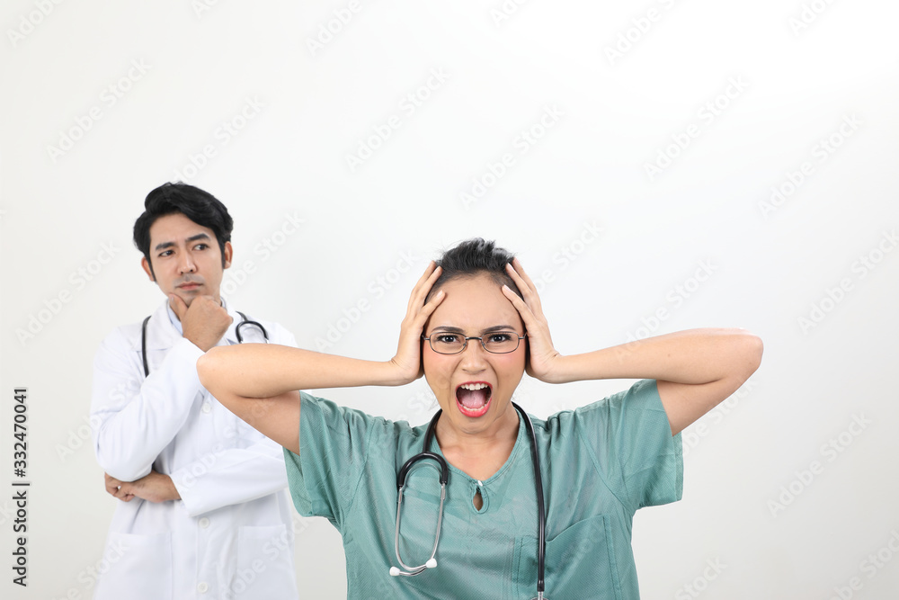 young asian malay chinese male female doctor on white background headache angry annoyed hand on head scream at camera young asian malay chinese male female doctor on white background headache angry annoyed hand on head scream at camera