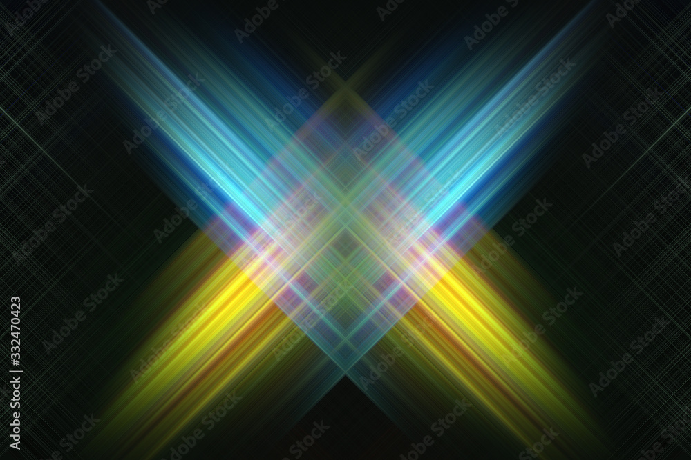 Symmetrical light rays crossing each other under 90 degree angle. Background for website, phone application, creative projects.