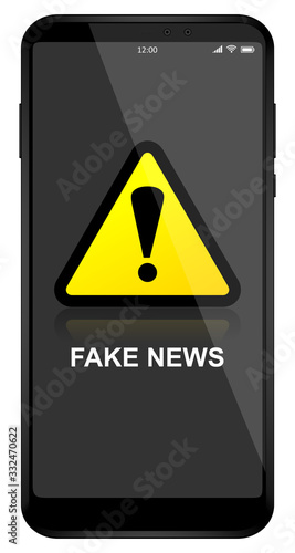 Fake news warning sign on mobile phone screen, vector illustration