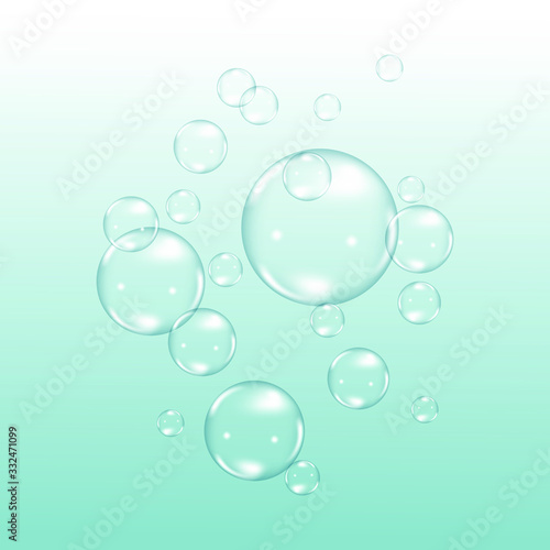 Realistic blue underwater air bubbles on white background. Effervescent drink.Soda pop. Bubbles in a liquid, sea, lake, ocean.Undersea vector texture.