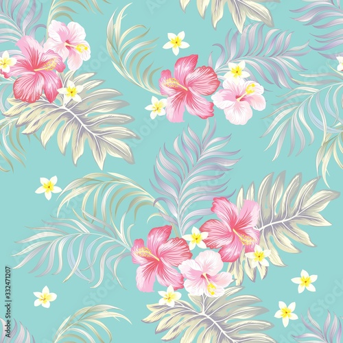 Fototapeta Naklejka Na Ścianę i Meble -  Exotic tropical flowers  hibiscus palm leaves pattern seamless. Jungle vector vintage wallpaper