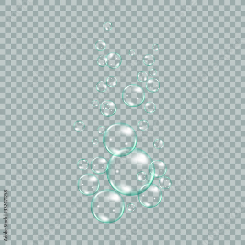 Realistic blue underwater air bubbles on white background. Effervescent drink.Soda pop. Bubbles in a liquid, sea, lake, ocean.Undersea vector texture.