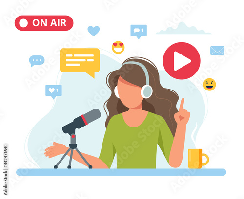 Female podcaster talking to microphone recording podcast in studio. Vector illustration in flat style