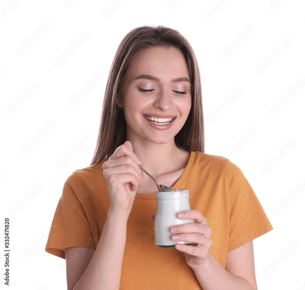 Young attractive woman with tasty yogurt on white background Young attractive woman with tasty yogurt on white background