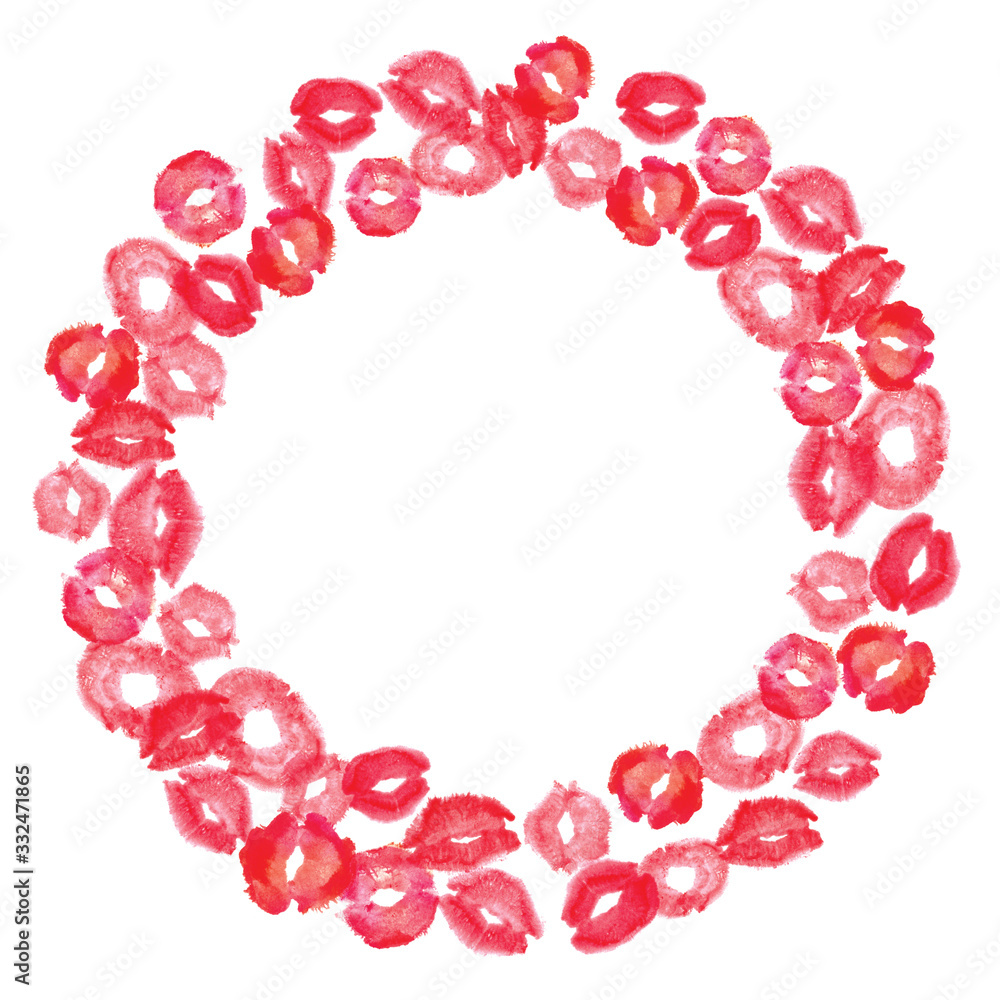 Red pink lips kiss border frame ring ornament illustration. Good for presentation, posters, Valentine's day romantic proposal or wedding greeting card. With free blank copy space for text Red pink lips kiss border frame ring ornament illustration. Good for presentation, posters, Valentine's day romantic proposal or wedding greeting card. With free blank copy space for text
