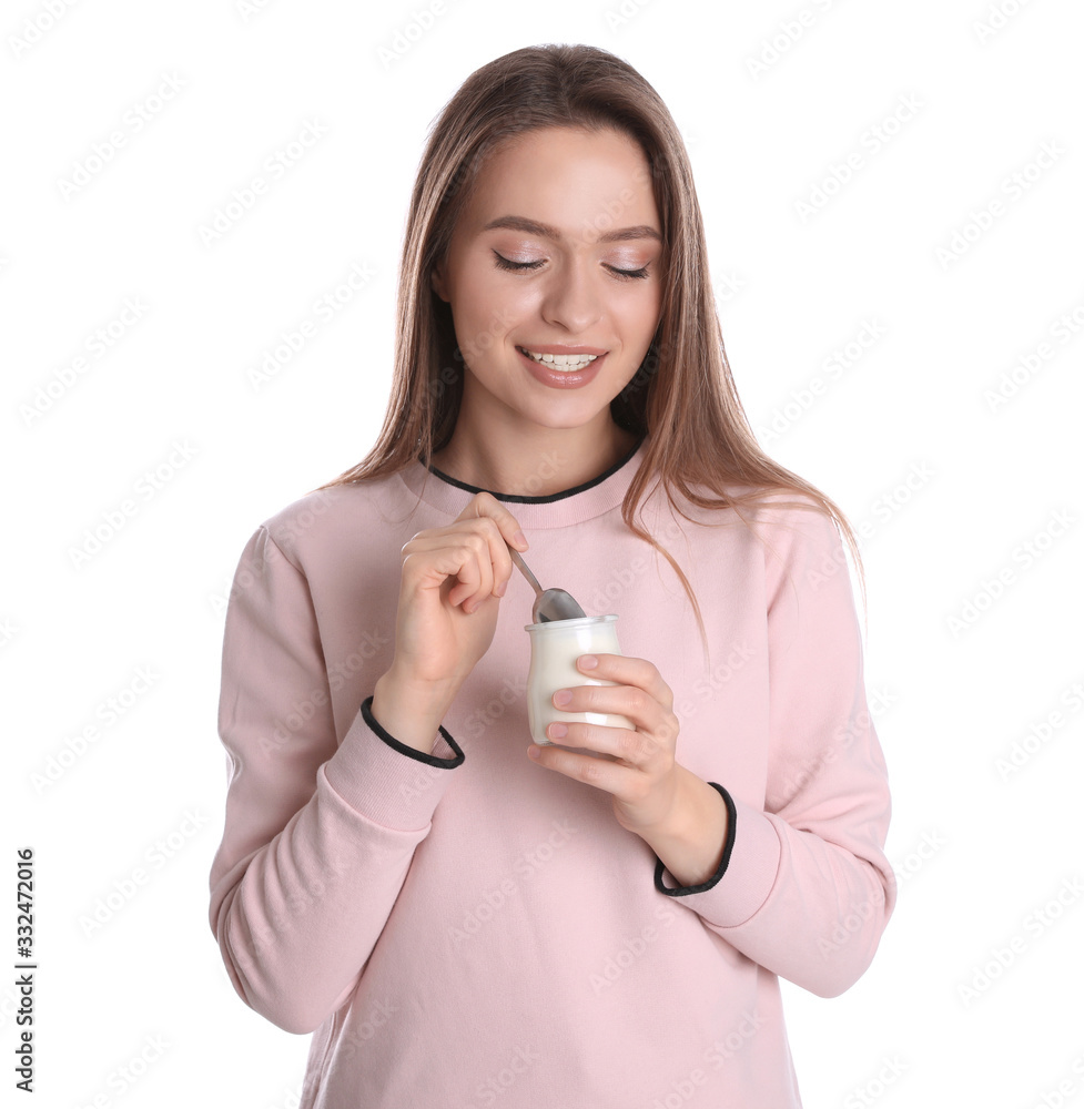 Young attractive woman with tasty yogurt on white background Young attractive woman with tasty yogurt on white background