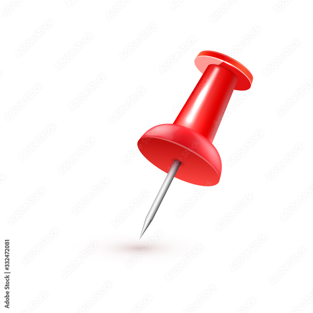 Realistic vector plastic glossy red push pin 3D vector icon on white background. Realistic vector plastic glossy red push pin 3D vector icon on white background.
