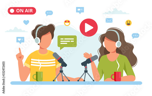 People talking to microphone recording podcast in studio. Vector illustration in flat style