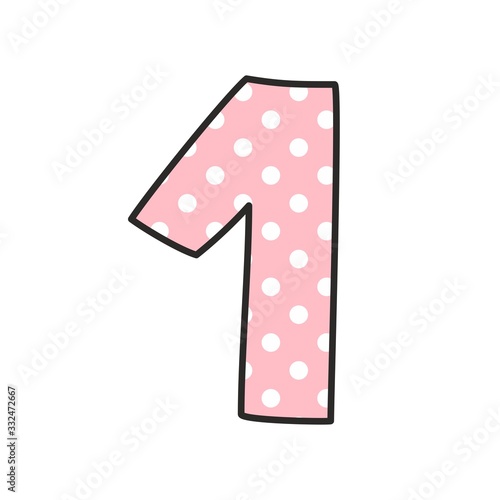 Number 1 with white polka dots on pink, vector illustration isolated on white background