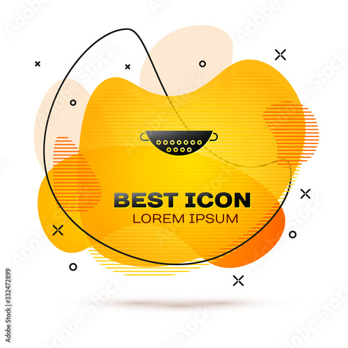 Black Kitchen colander icon isolated on white background. Cooking utensil. Cutlery sign. Abstract banner with liquid shapes. Vector Illustration