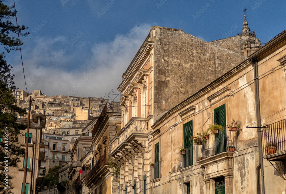 Modica cityscape. View to Historical Buildings. Sicily, Italy.