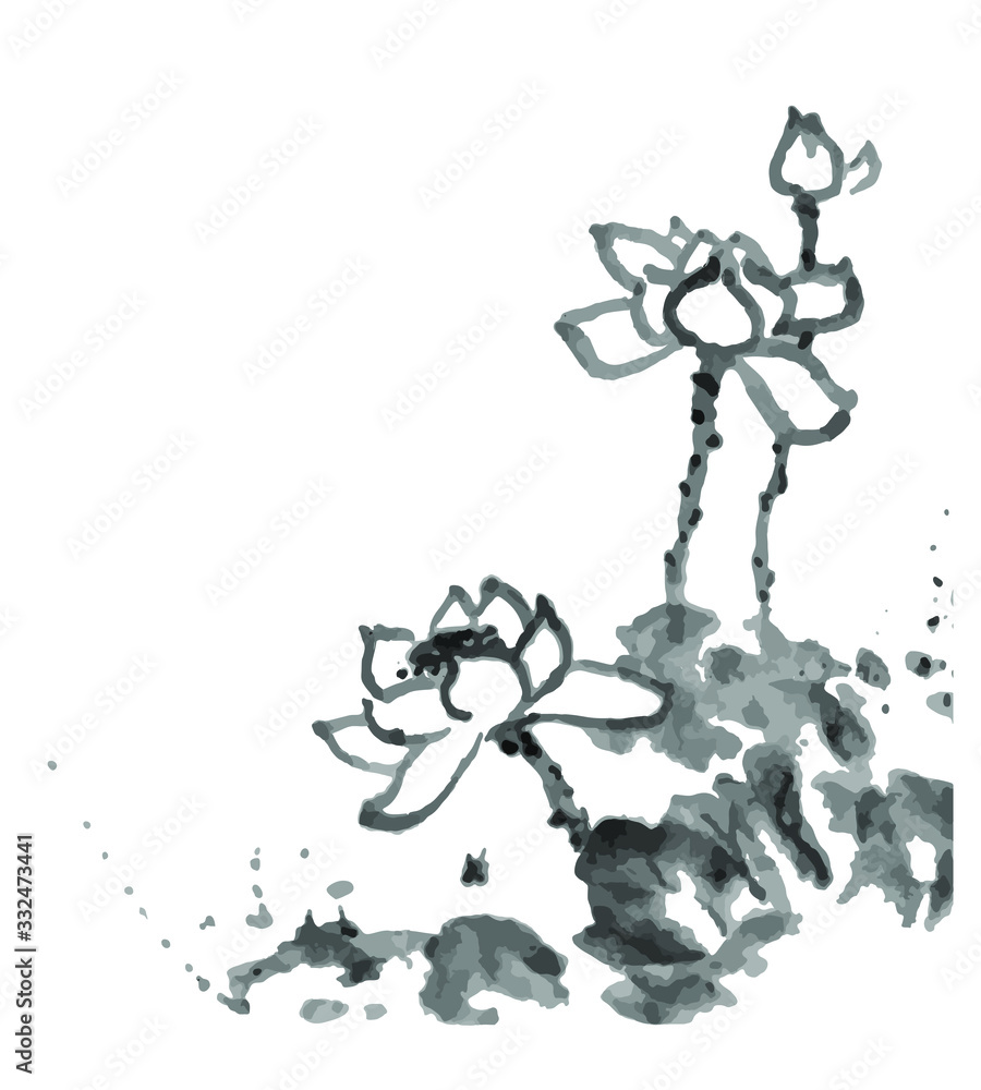 Lotus, Vector image. Handmade ink lotus flowers on a white background. Sumi-e traditional Japanese ink painting. Lotus, Vector image. Handmade ink lotus flowers on a white background. Sumi-e traditional Japanese ink painting.