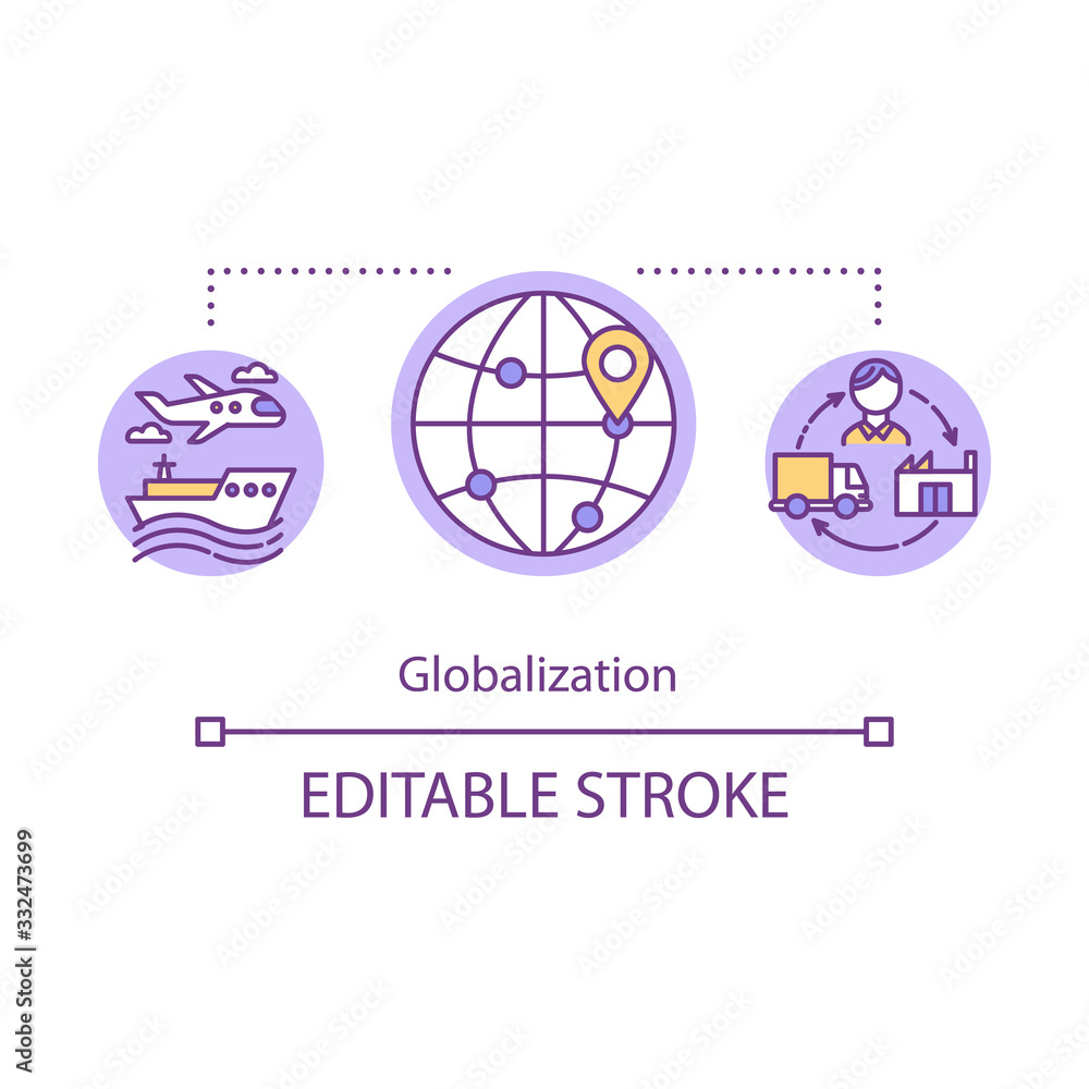 Globalization concept icon. Overconsumption causes idea thin line illustration. Worldwide transportation and communication. Vector isolated outline RGB color drawing. Editable stroke Globalization concept icon. Overconsumption causes idea thin line illustration. Worldwide transportation and communication. Vector isolated outline RGB color drawing. Editable stroke