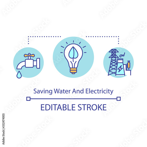 Saving water and electricity concept icon. Resolving overconsumption idea thin line illustration. Minimize consumption and use of resources. Vector isolated outline RGB color drawing. Editable stroke