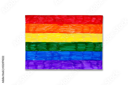 LGBT pride flag drawn with markers on a piece of paper,isolated on a white background